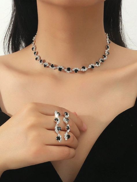 Black  Collar     Embellished   Fashion Jewelry Elegant Black Jewelry, Black Elegant Jewelry, Black Diamond Necklace Elegant, Black Diamond Jewelry Set, Black Dimond Neckless Jewelry, Black Jewellery Set, Black Necklace Elegant, Elegant Jewelry Classy, Drake Outfits