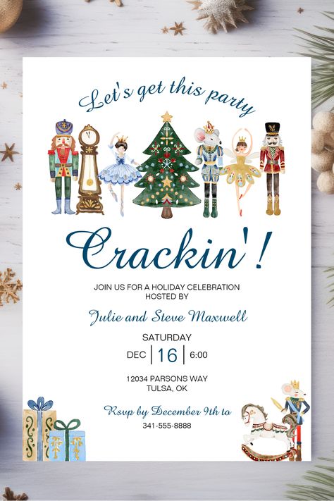 Get your Christmas party crackin's with this festive invitation that features the whimsical characters from The Nutcracker. Personalize with all your details and send in the mail or digitally. Nutcracker Theme Party, Nutcracker Invitations, Nutcracker Party Ideas, Festive Invitation, Nutcracker Christmas Party, Whimsical Characters, Christmas Party Invitation, The Nutcracker, Christmas Party Invitations