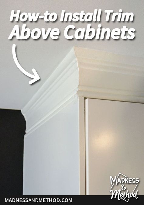 Whether you want to add crown moulding or architraves, this post explains how to install trim above cabinets in a kitchen (along with diagrams!). Kitchen Cabinets Trim, Kitchen Cabinet Crown Molding, Cabinet Molding, Update Kitchen Cabinets, Cabinet Trim, Above Kitchen Cabinets, Above Cabinets, Crown Moldings, Crown Moulding