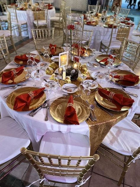 50th White And Gold Party, Red White Gold Sweet 16, Red White Gold Table Setting, 50th Birthday Red And Gold, Red Gold And White Decorations, Red And Gold Anniversary Decorations, Gold And Red Party Theme, Red And Gold Anniversary Party Ideas, White Gold And Red Wedding Decor