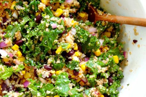 <p>Who needs to stop off at a restaurant when you can have a healthy, flavorful salad bowl at home?</p> Quinoa Black Bean Salad, Vegan Bean Salad, Kale And Quinoa, Kale Quinoa, Black Bean Quinoa, Black Bean Salad, Vegan Salad, Kale Salad, Bean Salad