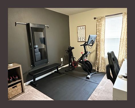 Home Gym Library Combo, Gym And Games Room Combo, Workout Area In Office, Gym Office Decor, Small Office And Workout Space, Small Gym Office Combo Work Spaces, Basement Office Gym Combo, Peloton Office Guest Room, Small Home Gym Office Combo