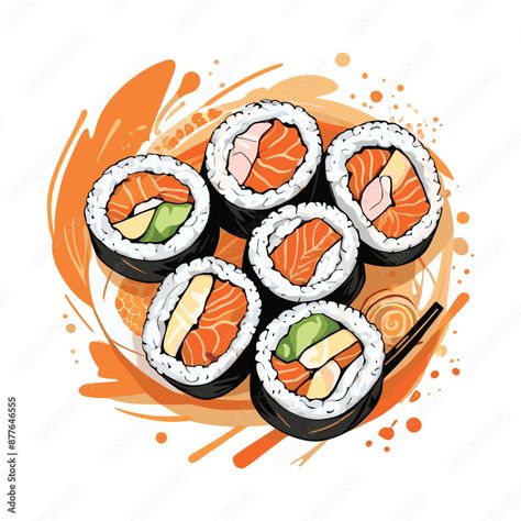 Colorful Sushi Rolls set Vector Illustration Sushi Vector, Sushi Illustration, Sushi Drawing, Sushi Cartoon, Sushi Master, Snake Drawing, Sushi Platter, Tattoo Reference, Pillar Design