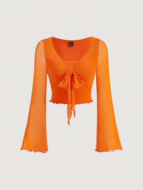 Orange Casual,Sexy Collar Long Sleeve Knitted Fabric Plain  Embellished Medium Stretch  Women Clothing Orange Bell Sleeve Top, Outfit With Orange Shirt, How To Style Orange Shirt, Orange Top Outfit, Orange Clothes, Orange Long Sleeve Shirt, Orange Tops, Orange Outfit, Casual Preppy Outfits