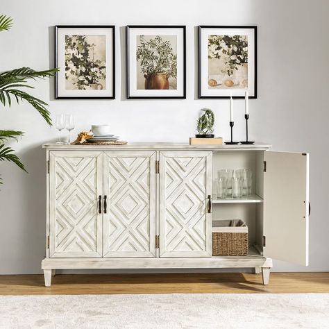 PRICES MAY VARY. 🛫【 Spacious Storage Space 】 Our sideboard buffet with an adjustable cabinet is perfect for keeping your kitchen organized. With four doors and two-tier shelves inside each, it provides ample space to store your spices, bowls, plates, containers, and more. Besides, you can use the top to store essentials, and books, or display photos, plants, and decorations. It not only decors your home, but also can keep your room tidy and orderly. 🛫【 Reliable Protection 】 Our sideboard buffe Distressed Sideboard, Modern Farmhouse Buffet, Future Furniture, Storage Sideboard, Velvet Living Room, Wide Sideboard, Pattern Motif, Buffet Display, Leather Side Chair