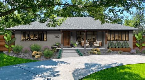 15 Modern Ranch Style Homes with Massive Curb Appeal - brick&batten Ranch Rambler Remodel, Ranch Home Landscaping, Ranch Curb Appeal, Contemporary Ranch Home, Modern Ranch Style Homes, Brick Ranch Houses, Modern Farmhouse Ranch, Ranch House Remodel, Modern Ranch House