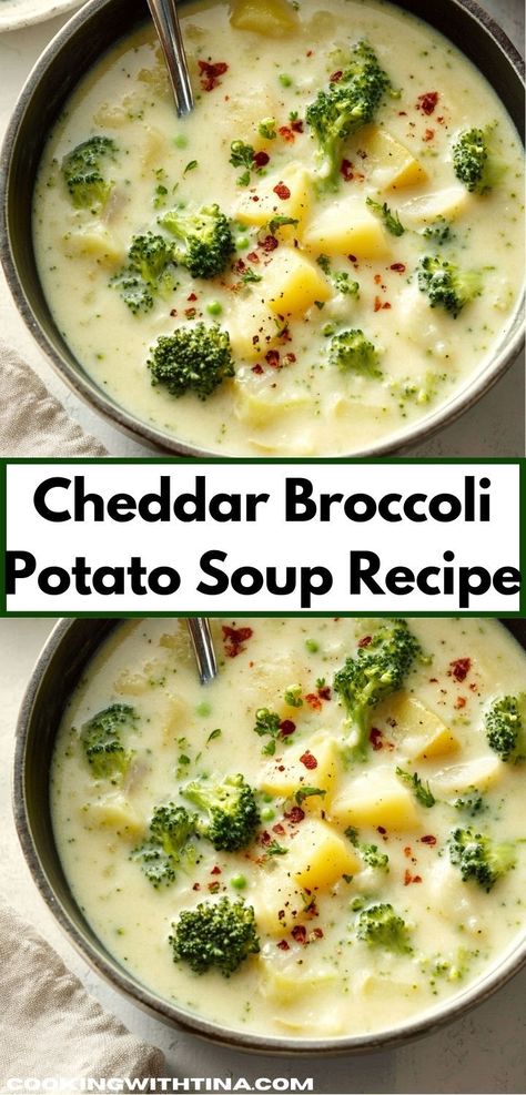 Need a healthy yet satisfying meal? Discover this Cheddar Broccoli Potato Soup Recipe, packed with nutrients and rich flavors. It’s an ideal choice for busy nights when you want easy soup recipes. Brocolli Potato Soup, Broccoli Potato Soup Recipes, Cheddar Broccoli Potato Soup, Potato Cheddar Soup, Broccoli Potato Soup, Broccoli Potato, Cheddar Broccoli, Broccoli And Potatoes, Cheddar Potatoes