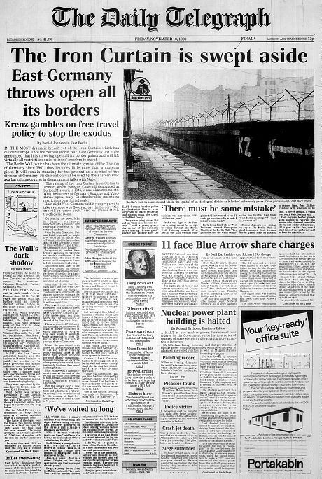 The image is a newspaper article from London about the fall of the Berlin wall and it shows how it was covered in the UK. From the point of view it shows the fall of the Iron curtain of communism and the push against it. Compared to other sources they were open to giving out the details to the fall of the wall.They had the same types of views as Americans in that they view it as the end of communism. The Fall Of The Berlin Wall, Fall Of Berlin Wall, Kertas Vintage, Sejarah Kuno, Newspaper Front Pages, The Berlin Wall, East Berlin, Newspaper Headlines, Historical Newspaper