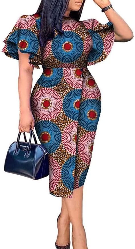 iooiooi African Dresses for Women Butterfly Sleeve High Waist Knee-Length Elegant Dress at Amazon Women’s Clothing store Office African Print Dresses, Ankara Dress Styles For Church Flare, Ankara Short Dress Styles For Women, Short Free Gown, African Dresses For Women Classy, Latest Ankara Dress Designs, Latest Ankara Style, African Wear For Ladies, Corporate Gowns