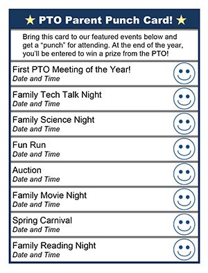 Pto Parent Punch Card, Parent Association Ideas, Parent Teacher Fellowship, Pto Snack Ideas, Parent Advisory Committee Ideas, Parent Workshops At School, Parent Workshop Ideas, Home And School Association Ideas, Elementary Assembly Ideas