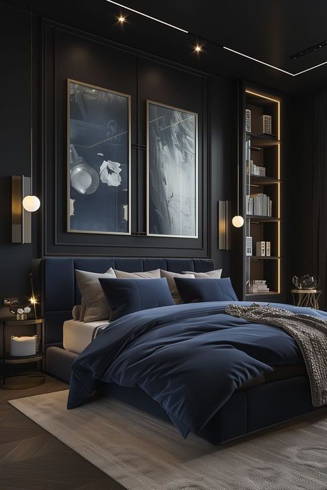 Stunning black bedroom with black walls, black ceiling, grand bed with royal blue bedding. Guess Bedroom, Black Paint Colors, Charcoal Bedroom, Fall Bedroom Ideas, Stylish Bedroom Ideas, Cozy Fall Bedroom, Best Bedroom Designs, Luxury Bedroom Furniture, Aesthetic Bedroom Ideas