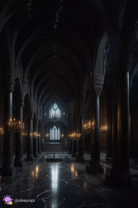 Thrown Room Castle Dark, Dark Aesthetic Castle Interior, Gothic Architecture Columns, Black Castle Aesthetic Interior, Fantasy Castle Hallway, Gothic Castle Hallway, Dark Fantasy Castle Interior, Dark Fantasy Architecture, Gothic Medieval Aesthetic