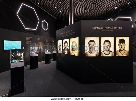 Showroom of the FIFA Ballon d'Or exhibition at the future new FIFA World Football Museum at Zurich, Switzerland. - Stock Image Corporate Football Event, Soccer Museum, Football Exhibition, Sport Museum, Football Museum, Visual Merchandising Fashion, High School Soccer, Sports Office, Corporate Event Design