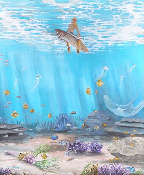 Painting.  Under the Sea. Ocean Bottom Painting, Guache Ocean Painting, Sea Floor Painting, Bottom Of The Sea Drawing, Under The Sea Painting Ideas, Under Water Painting Ideas, Under Water Painting Acrylic, Under The Sea Watercolor Painting, Underwater Illustration Art