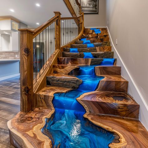 Epoxy Resin Stairs, Resin Staircase, Epoxy Art Ideas, Epoxy Stairs, Resin Stairs, Waterfall Staircase, Resin Epoxy Ideas, Waterfall Stairs, Unique Home Features