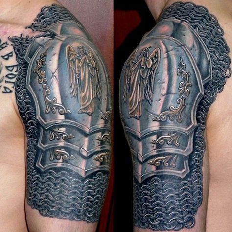 The chain mail is amazing. For mine, it will be dragon scales. Thinking I might have it cover a bit more than this one though. Armour Tattoo, Shoulder Armor Tattoo, Tato Maori, Tatoo 3d, Cool Shoulder Tattoos, Quarter Sleeve Tattoos, Hyper Realistic Tattoo, Armor Tattoo, Mens Shoulder Tattoo