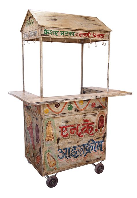 Street Vendor Cart Street Vendor Cart Painted With Ice Cream Graphicsmetal Cart And Canopy With Wheelswriting Is In Indian (india) Hindi Or Urdu(we Currently Own One (1), Please Call For Availability) Indian Food Cart, Street Vendor Cart, Chai Cart, Aladdin Musical, Vendor Cart, Spice Cupboard, Food Stall Design, Weird Ideas, Types Of Ice Cream