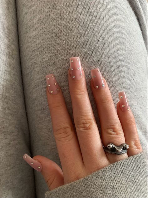 Square Nail Designs Rhinestones, Short Square Gem Nails, Engagement Nails Acrylic Square, Square Gem Nails, Diamond Nail Designs Rhinestones Simple, Basic Gem Nails, Mini Rhinestone Nails, Short Nails With Gem, Bubble Bath Nails With Rhinestones