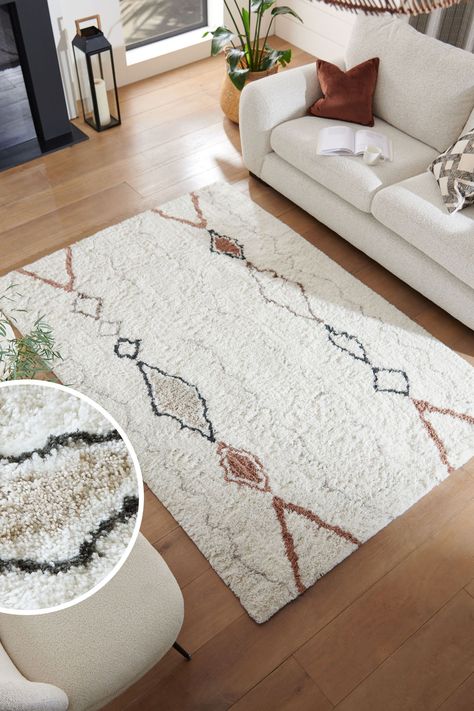 A global berber design on a soft pile rug, creating a cosy yet contemporary feel. Stain resistant and easy to care for since the rug is made of synthetic fibres. We recommend a regular light vacuum to remove any loose fibres from the surface which makes this rug perfect for high traffic areas. Specialist dry clean. 100% Polyester. Hygge Living Room Rugs, Hygge Living Room, Urban Living Room, Earthy Living Room, Berber Design, Hygge Living, Light Sofa, Synthetic Fibres, Rugs Uk