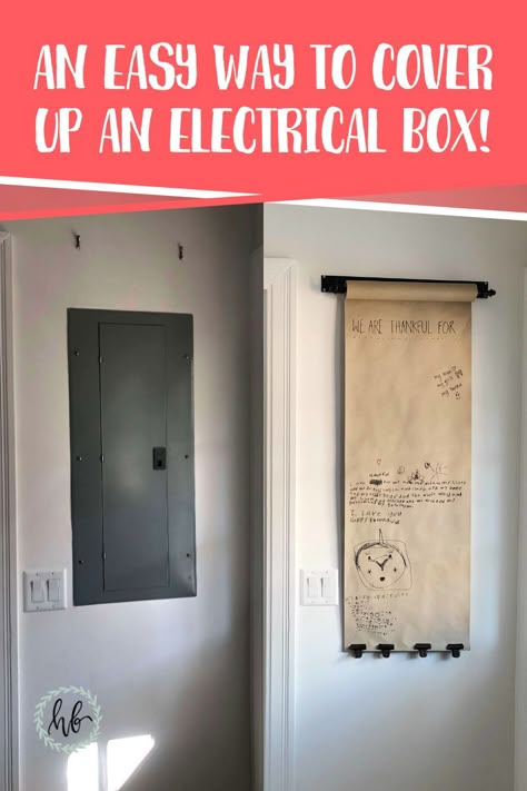 An Easy and Inexpensive Way to Cover up an Electrical Box | That Homebird Life Blog | #homedecor #diy #mudroom Diy Electrical Panel Cover, Hide Breaker Box, Breaker Box Cover, Cover Electrical Panel, Circuit Breaker Box, Fuse Box Cover, Electrical Box Cover, Breaker Box, Electric Box