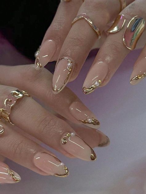 Gold Summer Nails, Cutesy Nails, Fall Nude Nails, Autumn Manicure, Gold Gel Nails, Acrylics Nails, Gold Chrome Nails, Acrylic Nails Nude, Gold Acrylic Nails