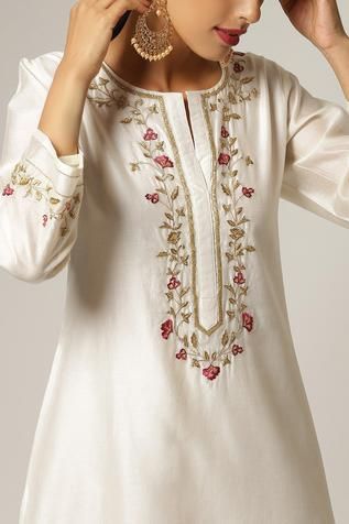 Shop for Anantaa by Roohi White Embroidered Silk Chanderi Kurta for Women Online at Aza Fashions Silk Kurti Designs, Chanderi Kurta, Neck Designs For Suits, Embroidery On Kurtis, Kurti Embroidery Design, Kurta Neck Design, Salwar Kamiz, Kurti Neck Designs, Kurti Designs Party Wear