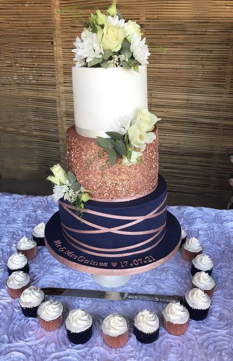 Wedding Rose Gold Theme, Navy And Rose Gold, Navy Blue Wedding Cakes, 3 Tier Wedding Cake, Wedding Cake Navy, Blue And Blush Wedding, Rose Gold Wedding Cakes, Rose Gold Wedding Decor, Rose Gold Cake