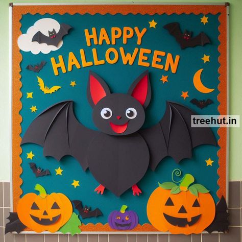 Bat Bulletin Board Ideas and Bat Classroom Activities for Elementary School | October Bulletin Board Ideas | Bat Bulletin Board Preschool, Bats Bulletin Board Ideas, Trick Or Treat Bulletin Board Ideas, Cool Bulletin Board Ideas, Bat Bulletin Board Ideas, Halloween Bulliten Board Ideas, Halloween Bulletin Board Ideas For Work, Fall Bulliten Boards For School, Halloween School Bulletin Boards