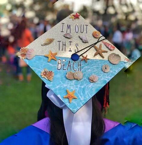 Humorous I’m out this beach 3D stickers on graduation cap Coastal Carolina Graduation Cap, Beach Grad Cap, Shark Graduation Cap, Graduation Cap Designs Ocean, Marine Biologist Graduation Cap, Marine Biology Cap Decoration, Beach Themed Graduation Cap, Ocean Grad Cap, Beach Graduation Cap