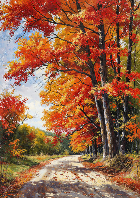 Capture the season's beauty with a road winding through a vibrant autumn forest, ablaze with red and orange hues. Add a touch of fall's warmth to your decor. Fall Colors Painting, Red Forest Painting, Fall Foliage Painting, Acrylic Autumn Paintings, Fall Scene Painting, Autumn Scenery Landscape, Fall Nature Painting, Autumn Season Drawing, Fall Images Autumn Beautiful