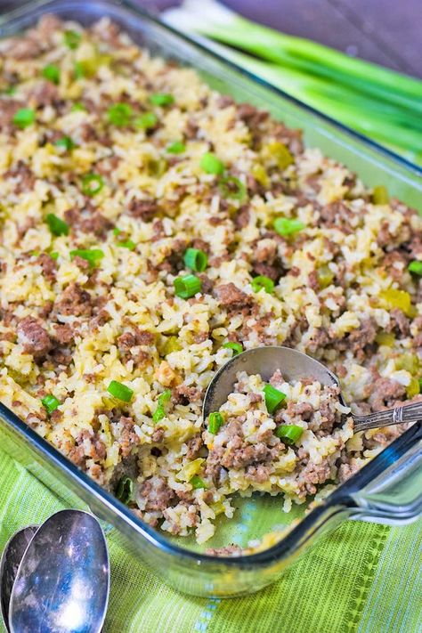 Easy Ground Beef and Sausage Rice Casserole is simple to make with tons of flavor. Lean ground beef, spicy sausage, celery, and onions bake in a creamy sauce and results in a delicious dish that brings the family to the table. #GroundBeefRecipe #HamburgerRecipe #GroundBeefSausageRiceCasserole #RiceCasserole #SausageCasserole Sausage Rice Casserole, Quick Casserole, Ground Beef And Sausage, Sausage And Rice Casserole, Ground Sausage Recipes, Sausage Casserole Recipes, Sausage Rice, Beef Rice, Italian Sausage Recipes