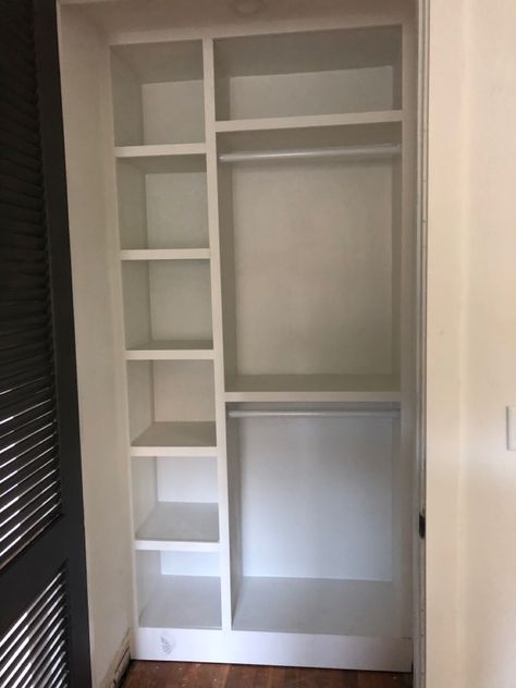 Really Small Closet Organization, Small Closet Upgrade Diy, Small Narrow Closet Design, Small Closet Build, Small Kids Closet, Shared Closet Organization, Room With Closet, Narrow Closet Design, Small Closet Makeover