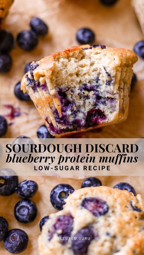 A high-protein sweet snack that uses up some sourdough discard? Sign us up! Moist, rich, and bursting with flavor—the perfect baking recipe for blueberry season. Enjoy these blueberry protein muffins for breakfast, a snack, or dessert. #blueberry #muffins #protein Protein Sourdough Muffins, Sourdough Discard Protein Muffins, Blueberry Sourdough Discard Muffins, Protein Breakfast To Go, Protein Sourdough Discard Recipes, Sourdough Muffins Healthy, Sourdough Muffins Blueberry, Sourdough Recipes Healthy, Homestead Snacks