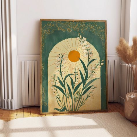 Earthy Artwork, Earthy Wall Art, Folk Art Illustration, Art Soleil, Green Canvas Art, Art Deco Prints, Parlor Room, Folk Illustration, Eclectic Wall Art