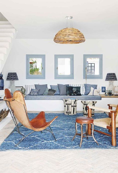 INTERIOR TIPS | 5 creative ways to decorate with Maya Blue | ITALIANBARK Blue Kitchen Mediterranean, Mediterranean Beach House, Built In Sofa, Mediterranean Interior, Modern Mediterranean, Mediterranean Villa, Mediterranean Style Homes, Rattan Pendant, Tropical Home Decor