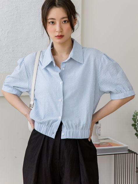 Blue Casual  Half Sleeve Cotton Striped Shirt Embellished Non-Stretch  Women Tops, Blouses & Tee Crop Shirts For Women, Girls Designer Dresses, Korean Tops, Outfit Korean, Puff Sleeve Shirt, Short Blouses, Half Shirts, Korean Girl Fashion, Elegant Blouses