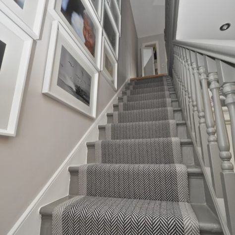 Felton Border - Cargo Grey - Off The Loom Gray Banister Staircases, Grey Painted Stairs, Grey Stair Runner, Grey Hallway Ideas, Gray Stair Runner, Stairs And Hallway Ideas, Stairs Colours, Grey Hallway, Gray Stairs