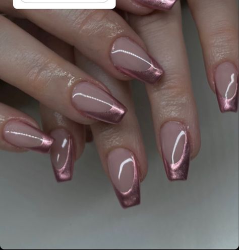 Matte Chrome French Tip Nails, Rose Gold Metallic French Tip Nails, Almond Pink Chrome French Tip Nails, Crome Pink Nail French, Metallic Tips Nail, Pink Chrome French Tip Nails Square, Rose Gold Chrome French Tip Nails, Light Pink Chrome Nails French Tip, Pink Crome Nails French Tip