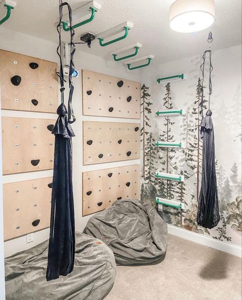 Basement Climbing Gym, Garage Sensory Room, Basement Sensory Room, Indoor Gymnastics Room, Toy Room Ideas For Boys, Boys Playroom Ideas Older, Climbing Playroom, Kids Climbing Wall Indoor, Climbing Wall Kids Room