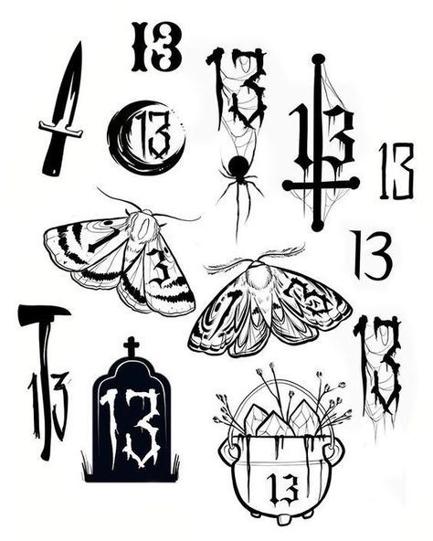 Number 13 Tattoos, Berg Tattoo, Friday The 13th Tattoo, 16 Tattoo, Catrina Tattoo, 13 Tattoos, Spooky Tattoos, Tattoo Lettering Fonts, Tattoo Design Book