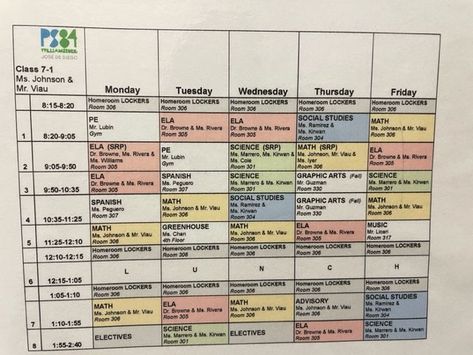 Color Coded, school-wide schedule for Middle Schoolers- Ps 084 School Aesthetic Schedule, School Scedual Aesthetic, Highschool Class Schedule, Color Coding School Subjects, School Classes Schedule, High School Timetable, School Scedual, Schedule Design School, Class Schedule Aesthetic