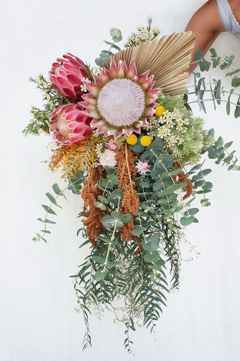 Colourful, native wildflower, cascading bridal bouquet featuring king protea & eucalyptus gum. Wild Wedding Bouquet, South African Flowers, Australian Wildflowers, Violet Wedding, South African Weddings, Australian Flowers, Australian Native Flowers, African Flowers, Hunter Valley