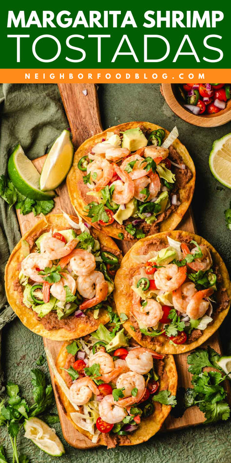 These Shrimp Tostadas are made with crunchy tostada shells, refried beans, plump and juicy shrimp, and lots of fresh toppings. Fun to say, easy to make, and absolutely delicious to eat, you’ll want to add this shrimp tostada recipe to your summer lineup. Bean Tostadas Refried, What To Make With Tostada Shells, Mexican Seafood Recipes, Homemade Tostada Shells, Shrimp Tostada, Margarita Shrimp, Tostada Shells, Tostada Recipe, Tequila Lime Shrimp