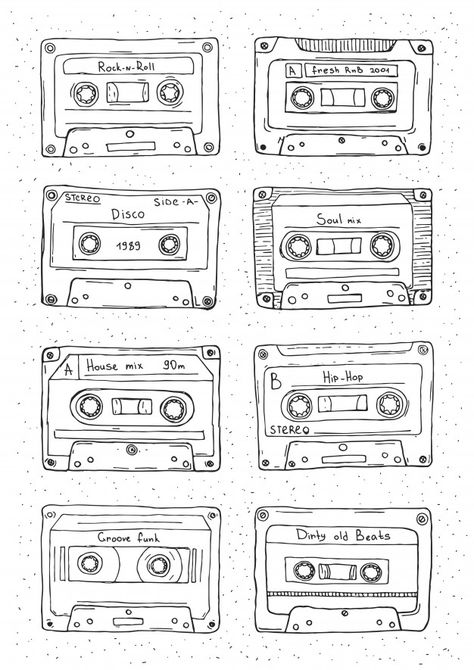 How To Draw Cassette Tapes, Casette Tape Tattoo Simple, Cassette Tape Doodle, Cassette Tapes Tattoo, Caset Tape Drawing, Music Tape Drawing, Music Tape Tattoo, Cassette Drawing, Cassette Tape Drawing