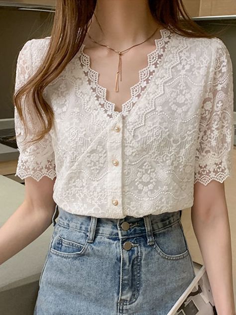 Lace Short Sleeve Top, White Lace Top, Elegant Blouses, Women Sleeve, Lace Shirt, White Summer, Lace Blouse, Summer Wear, Clothing Patterns