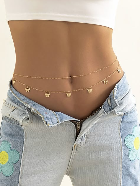 Yellow Gold  Collar     Embellished   Women's Fashion Jewelry Rhinestone Belly Chain, Jóias Body Chains, Waist Jewelry, Vacation Accessories, Playful Style, Body Chains, Belly Jewelry, Chain Belts, Streetwear Summer