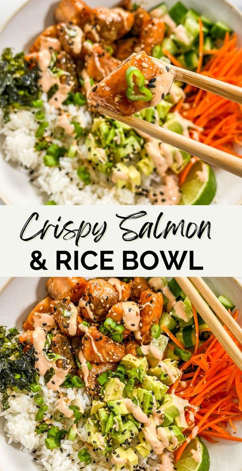 You'll love the flavor in these crispy salmon bowls with rice! They have the perfect balance of lightly crispy but still tender salmon bites paired with fresh veggies, sushi rice, a little bit of nori, and spicy mayo. Salmon Bowls, Crispy Salmon, Salmon Bites, Salmon Rice Bowl, Salmon Rice, Healthy Bowls Recipes, Salmon And Rice, Spicy Mayo, Healthy Bowls