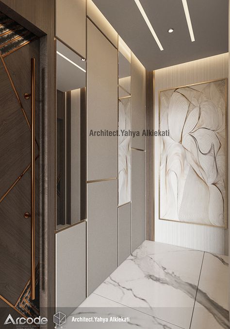 Modern bedroom on Behance Passage Wall Design, Bedroom Diy Ideas, Modern Luxury Bedroom, Foyer Design, Hall Design, Bedroom Furniture Design, Wardrobe Design, False Ceiling, Luxurious Bedrooms