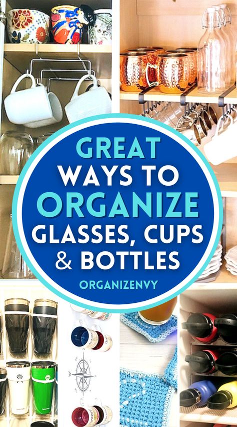 Kitchen organization: storage for glasses, cups and bottles How To Organize Glasses In Cabinet, How To Store Glassware, Organize Glasses And Cups, Organize Mugs In Cabinet, How To Organize Cups In Cabinet, Organizing Cups In Cabinet, Kitchen Cups Organization, Coffee Mug Cabinet Organization, Organize Water Bottles In Cabinet