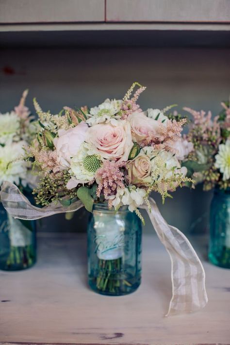 Mason Jar Bouquets, Jar Bouquet, Tinted Mason Jars, Wedding Jars, Colored Mason Jars, Rustic Backyard, Wedding Backyard, Rustic Wedding Reception, Blue Mason Jars